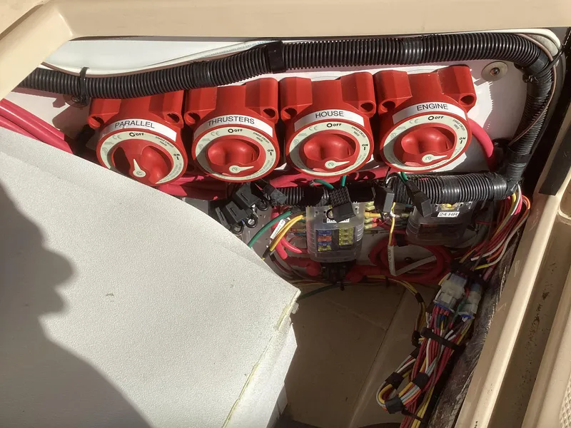 Slide: The Image of 2012 Ranger Tugs R-27 boat battery switches and wiring system. - 40