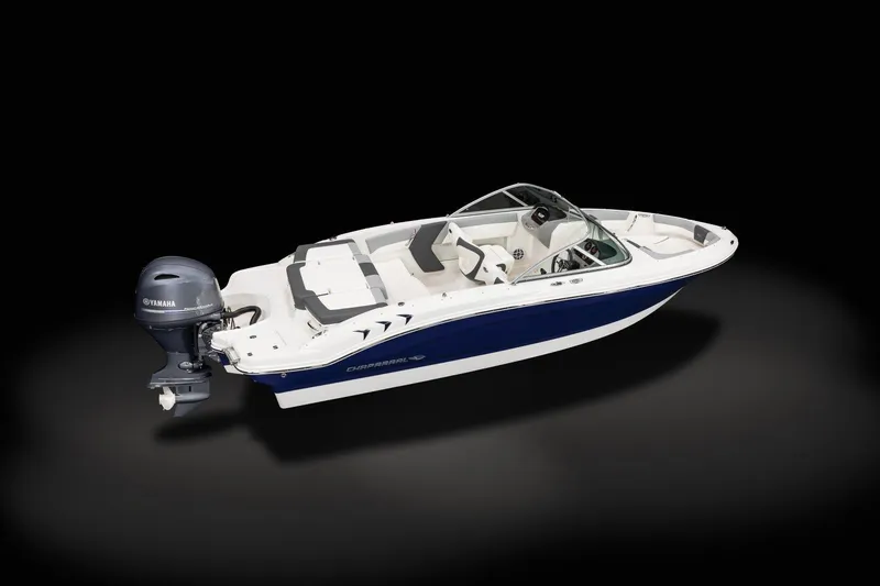 Slide: The Image of 2025 Chaparral 19 SSi OB boat with Yamaha outboard motor, sleek design on black background. - 2