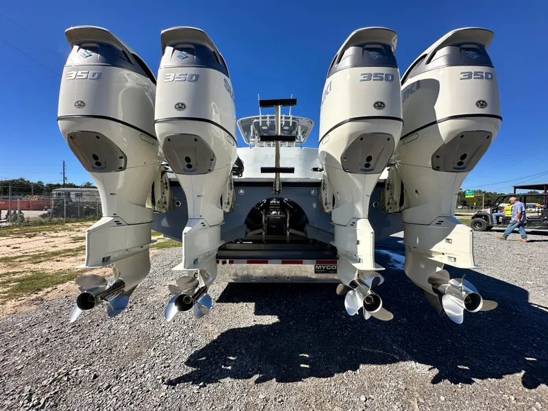 Slide: The Image of 2016 Freeman 37VH boat with four powerful 350 horsepower outboard engines. - 13