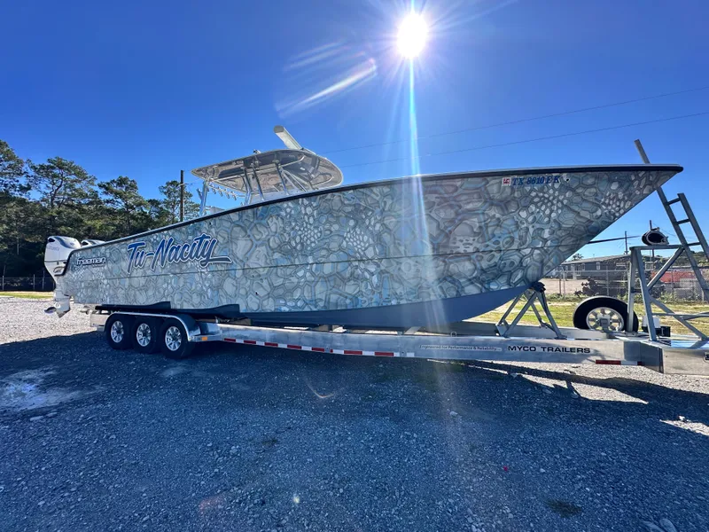 Slide: The Image of Freeman 37VH 2016 boat on trailer under bright sun, unique patterned hull design. - 3