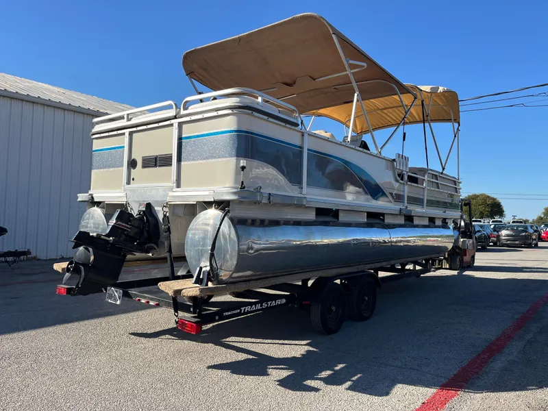 Slide: The Image of 2001 Sun Tracker PARTY BARGE 25 pontoon boat on trailer with canopy. - 4