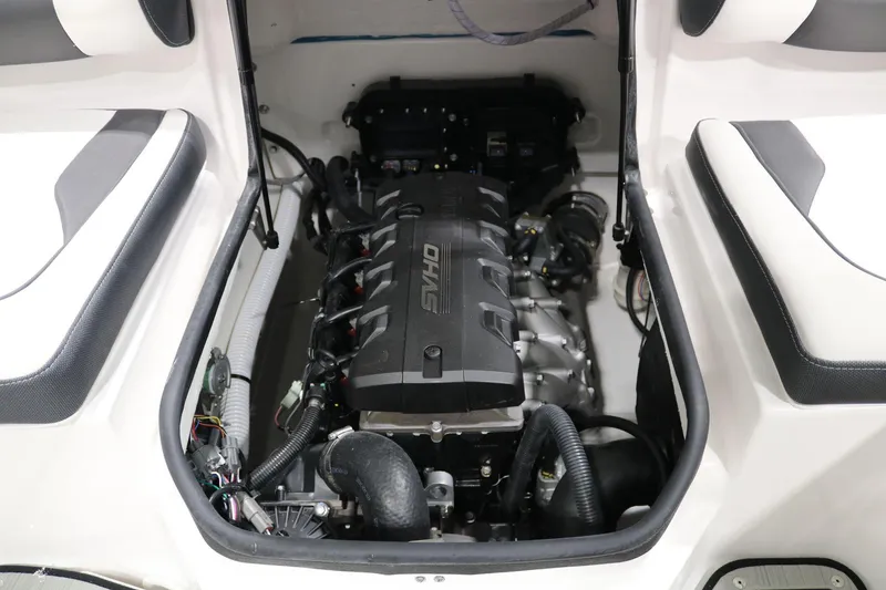 Slide: The Image of 2025 Yamaha Boats 195S engine compartment with sleek design and advanced technology. - 28