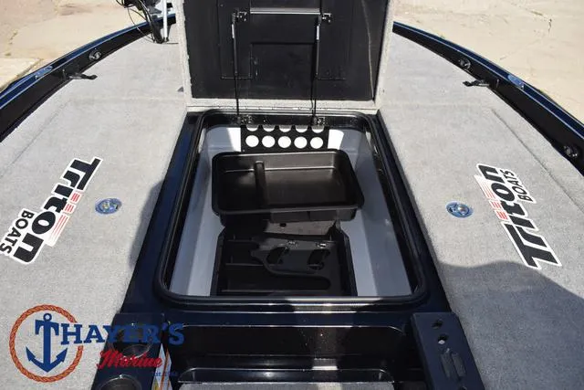 Slide: The Image of 2018 Triton 21 TrX boat storage compartment with branded carpet and Thayer's Marine logo. - 18