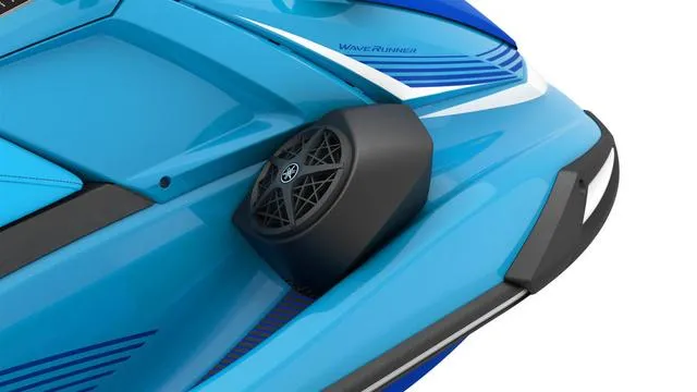 Slide: The Image of 2025 Yamaha Marine Waverunner VX Deluxe in cyan and azure blue, featuring sleek design and speaker. - 8