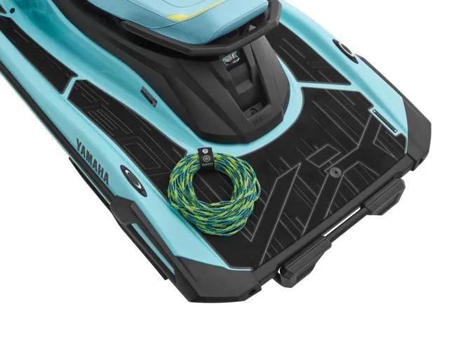 Slide: The Image of 2025 Yamaha Marine Waverunner VX with aqua and black design, featuring a coiled rope on deck. - 13