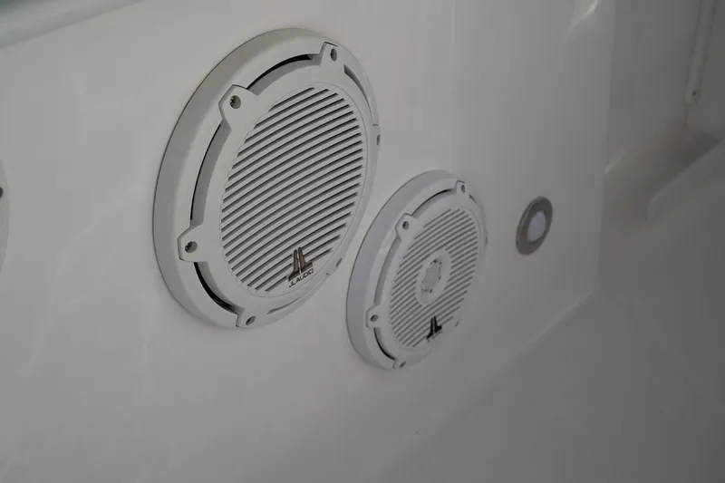 Slide: The Image of Close-up of speakers on a 2019 Everglades 295 Center Console boat. - 45