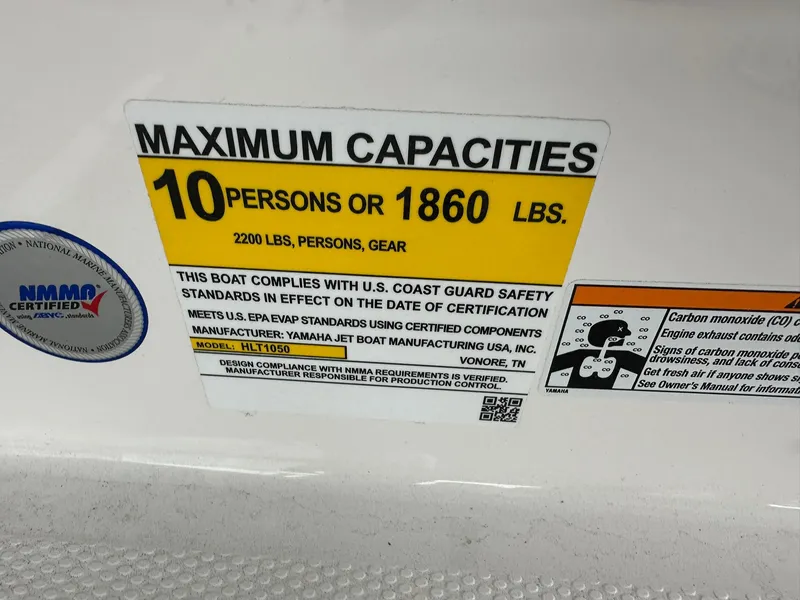 Slide: The Image of Yamaha AR220 2025 boat capacity label: 10 persons or 1860 lbs. - 23