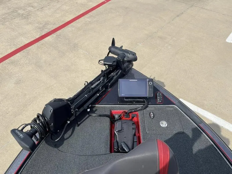 Slide: The Image of 2018 Legend Trailers V20 boat deck with trolling motor and navigation system. - 10