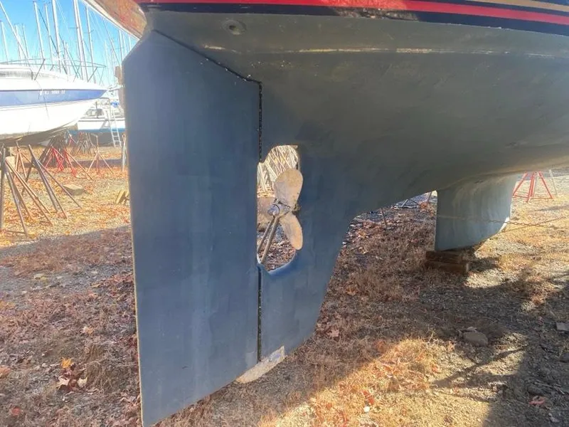 Slide: The Image of Pacific Seacraft 44 Voyager sailboat hull and propeller, 1993 model, on dry dock. - 19