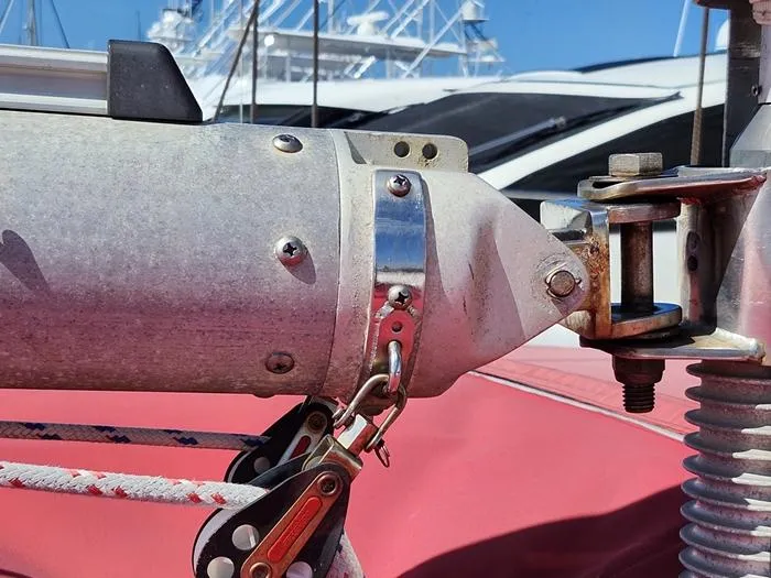 Slide: The Image of Close-up of 1983 Morgan Schooner rigging and hardware on a sunny day. - 26