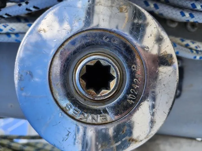 Slide: The Image of Close-up of a winch on a 1983 Morgan Schooner sailboat. - 9