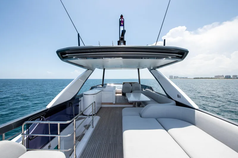 Slide: The Image of 2023 Azimut Fly 68 yacht, luxurious deck view on open sea. - 34