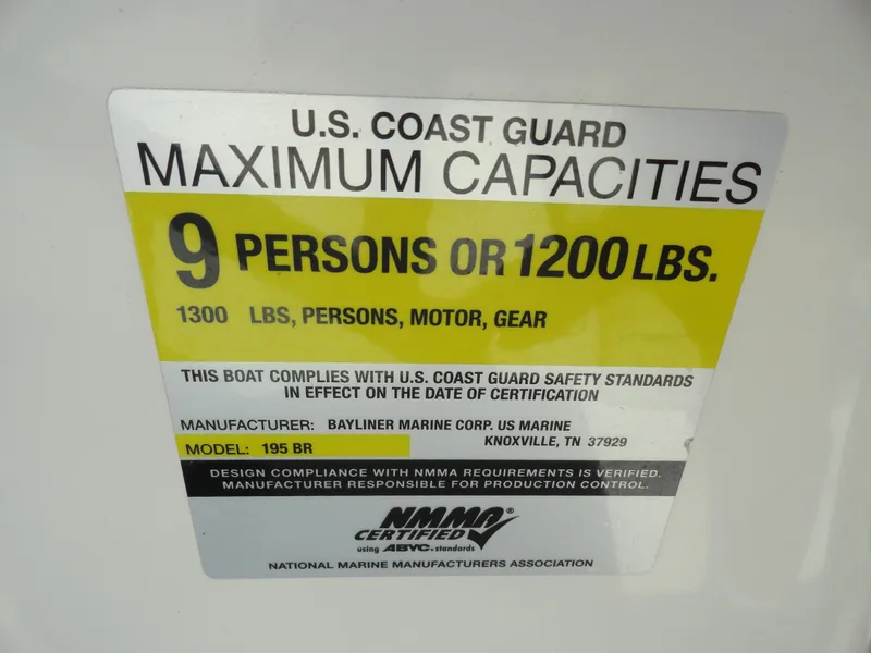 Slide: The Image of Bayliner 195 Bowrider 2006 capacity label: 9 persons or 1200 lbs, U.S. Coast Guard certified. - 9