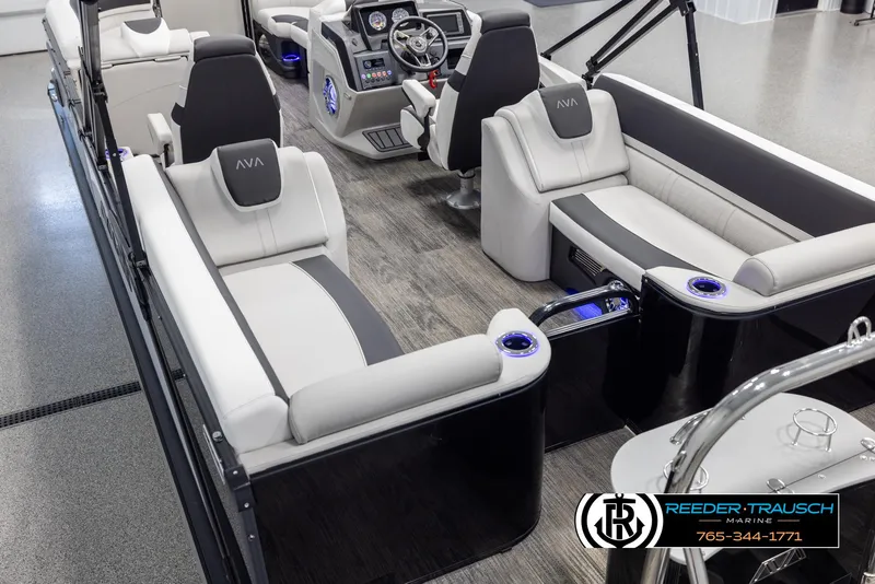 Slide: The Image of 2025 Avalon Catalina QL boat interior with modern seating and sleek design. - 11