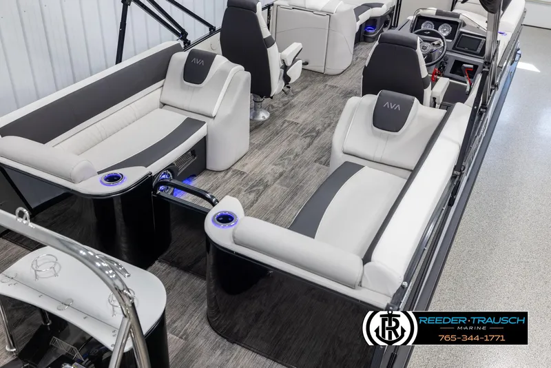 Slide: The Image of 2025 Avalon Catalina QL pontoon boat interior with modern seating and sleek design. - 12