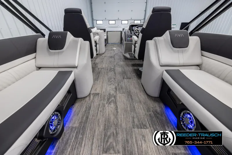 Slide: The Image of Luxurious interior of 2025 Avalon Catalina QL boat with modern seating and ambient lighting. - 16