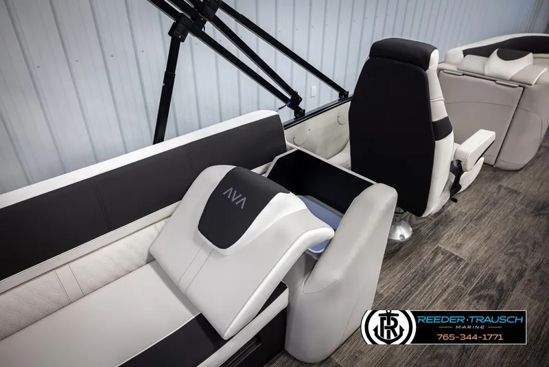 Slide: The Image of 2025 Avalon Catalina QL boat interior with modern seating and storage. - 26