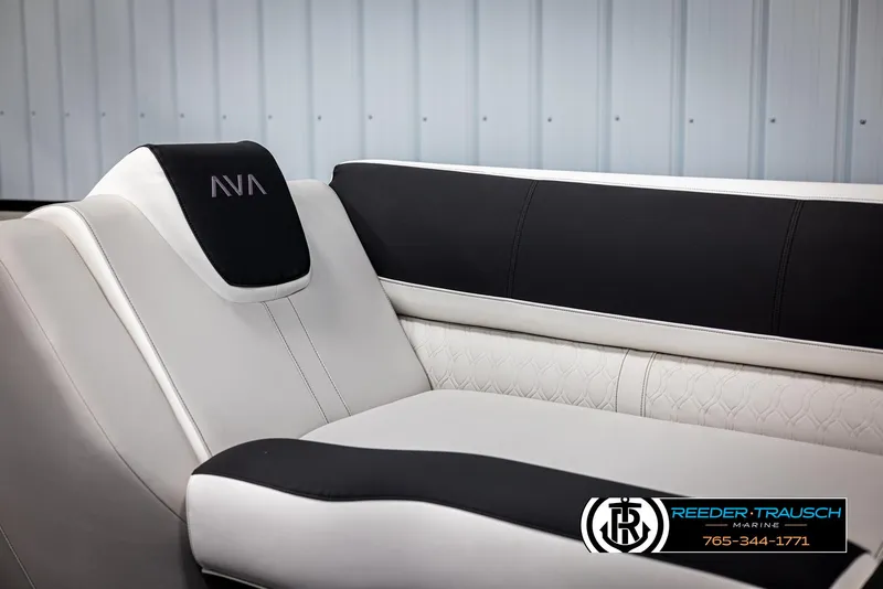 Slide: The Image of 2025 Avalon Catalina QL boat seating with elegant black and white upholstery. - 36