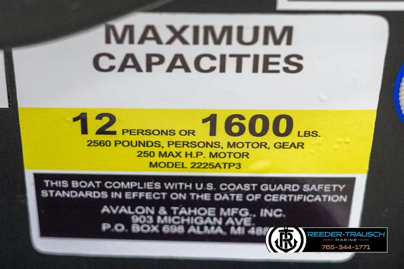 Slide: The Image of Avalon Catalina QL 2025 capacity label: 12 persons or 1600 lbs, 250 max HP motor. - 49