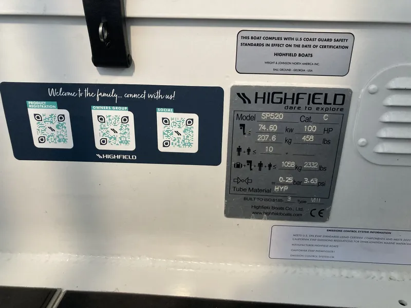 Slide: The Image of Highfield Sport 520 Rib 2025 boat label with QR codes and specifications. - 21