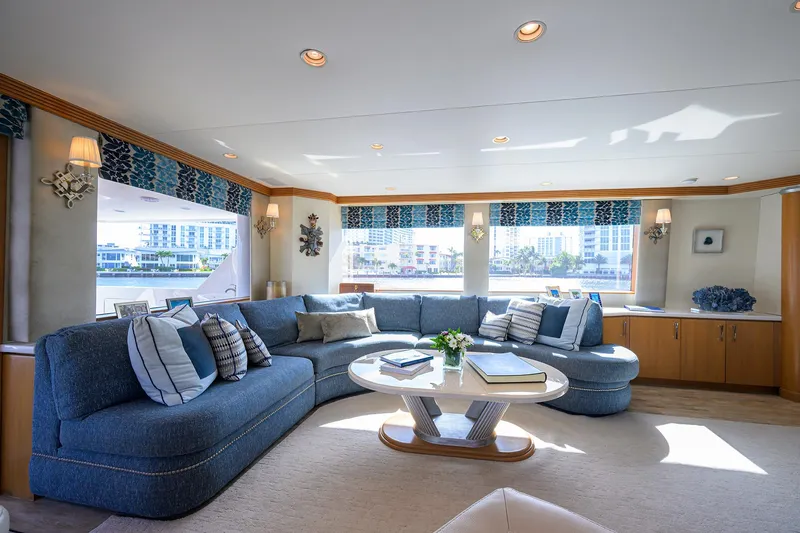 Slide: The Image of Luxurious interior of 1998 Westport Westbay Sonship yacht with elegant seating and large windows. - 4