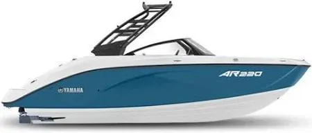 Slide: The Image of 2025 Yamaha Boats AR220, sleek blue and white design, side view. - 10