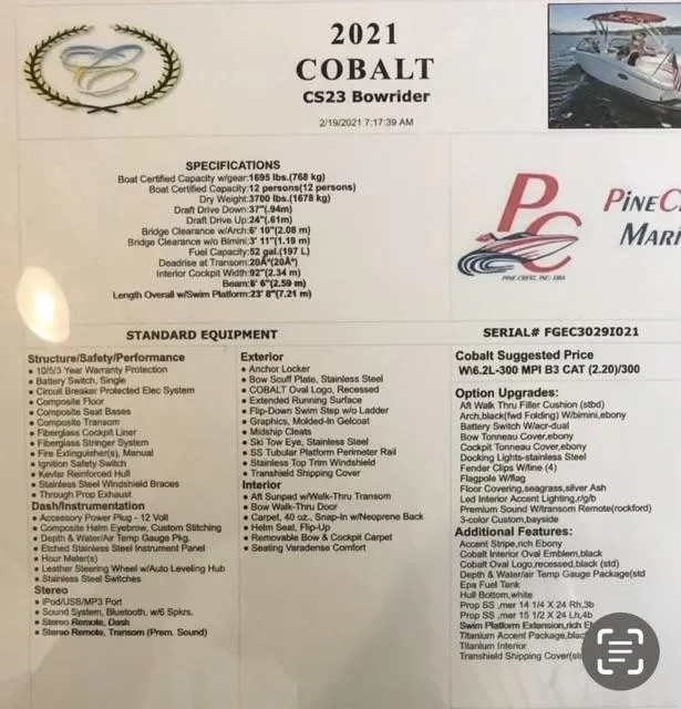 Slide: The Image of 2021 Cobalt CS23 Bowrider specifications and features list from PineCrest Marine. - 10