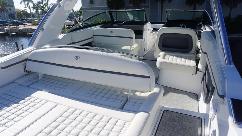 Slide: The Image of Luxurious interior of 2020 Cobalt 30 SC boat with white seating and modern design. - 4