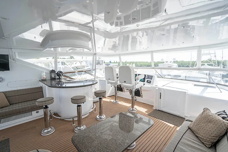 Slide: The Image of Luxurious interior of 2008 Hatteras 80 Motor Yacht with elegant seating and helm station. - 23