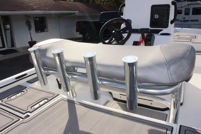 Slide: The Image of 2026 Avid 20 Rogue CC boat seat with gray upholstery and sturdy metal frame. - 14