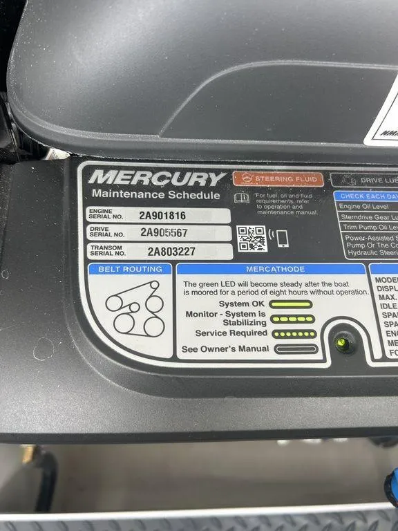 Slide: The Image of Mercury maintenance schedule label on 2025 Formula 290 Bowrider boat engine. - 24