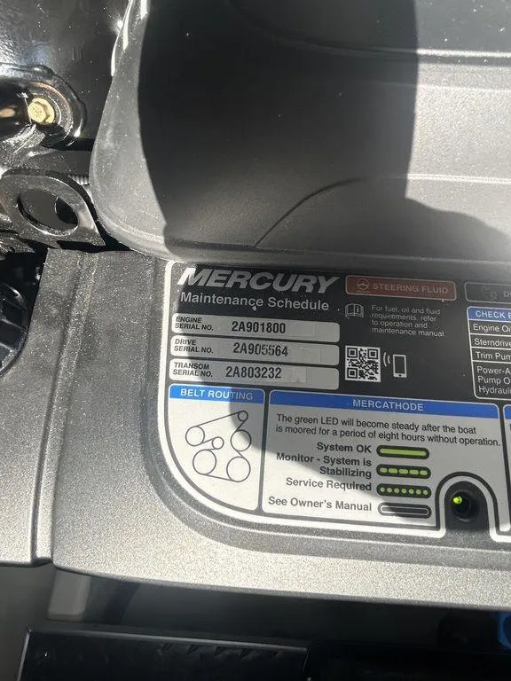 Slide: The Image of Mercury maintenance schedule label on a 2025 Formula 290 Bowrider boat engine. - 25