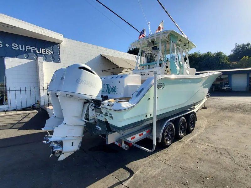 Slide: The Image of 2018 Sea Fox 328 Commander boat on trailer with dual Yamaha outboard engines. - 3