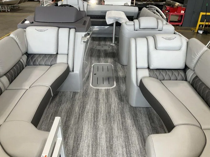 Slide: The Image of 2025 Bennington 23 RSB pontoon boat interior with luxurious gray seating and carpet. - 6