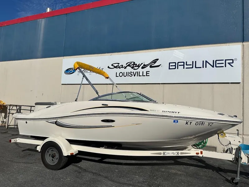 Slide: The Image of 2008 Sea Ray 185 Sport boat on trailer, parked outside dealership in Louisville. - 1