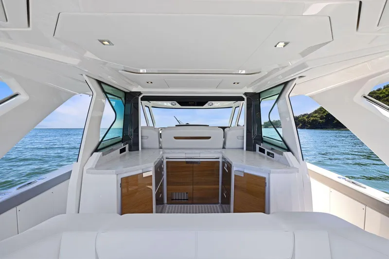 Slide: The Image of Luxurious interior of 2024 Tiara Yachts 48 LS with ocean view. - 22
