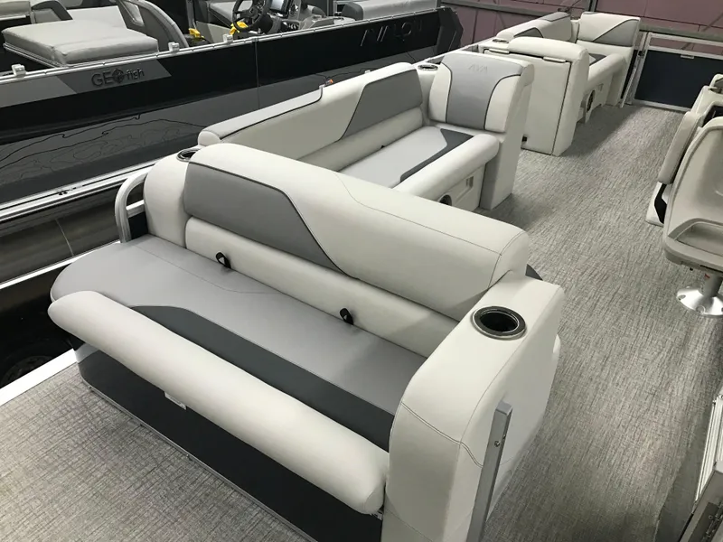 Slide: The Image of 2025 Avalon Venture Cruise Rear Bench, 22-foot pontoon boat interior with gray seating. - 17