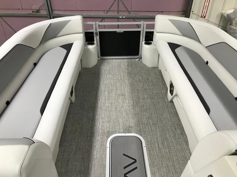 Slide: The Image of 2025 Avalon VENTURE 2585 Versatile Rear Bench interior with modern seating and sleek design. - 16