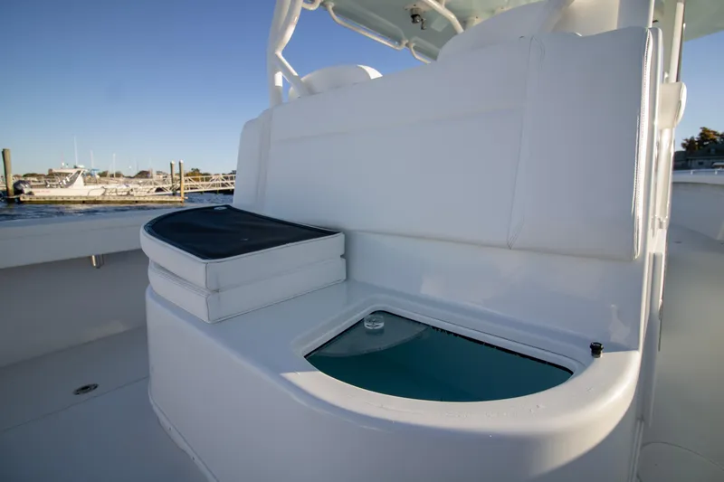 Slide: The Image of 2024 Yellowfin 39 boat interior with seating and storage compartment. - 21