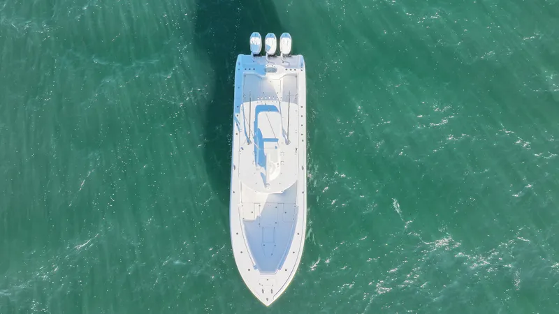 Slide: The Image of Aerial view of 2024 Yellowfin 39 boat on turquoise water. - 3