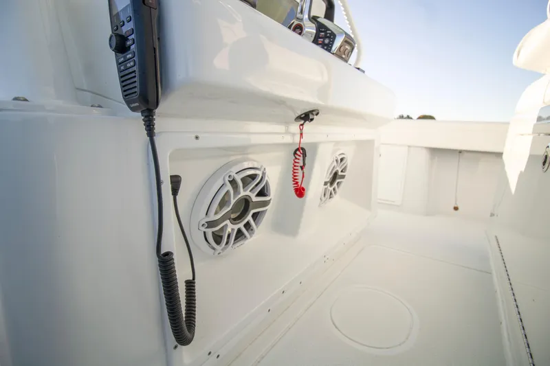 Slide: The Image of 2024 Yellowfin 39 boat interior with speakers and radio equipment. - 32