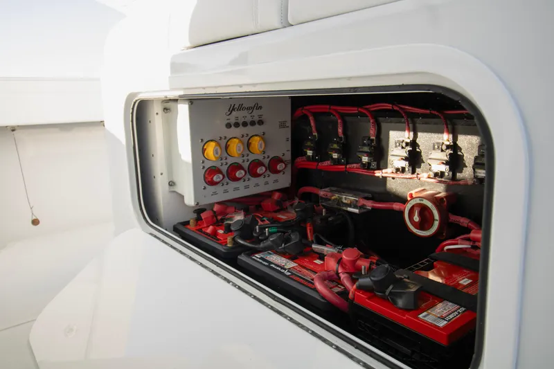 Slide: The Image of 2024 Yellowfin 39 boat electrical panel with batteries and wiring. - 33
