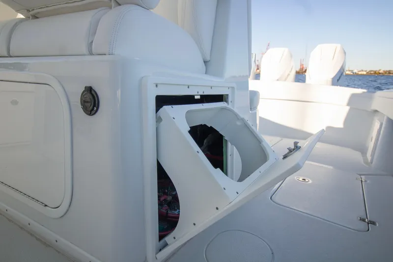 Slide: The Image of 2024 Yellowfin 39 boat interior storage compartment open on deck. - 34