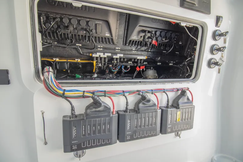 Slide: The Image of 2024 Yellowfin 39 boat electrical panel with wiring and components. - 35