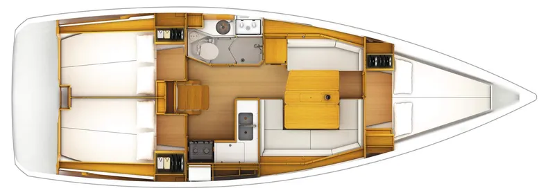 Slide: The Image of Interior layout of 2020 Jeanneau Sun Odyssey 389 sailboat, featuring cabins, kitchen, and bathroom. - 16