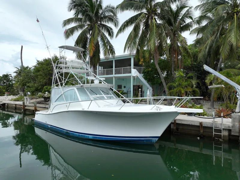 Slide: The Image of 2006 Luhrs 41 Open yacht docked by palm trees and waterfront home. - 5