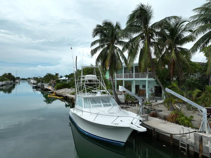 Slide: The Image of 2006 Luhrs 41 Open yacht docked by palm trees in a serene canal. - 7