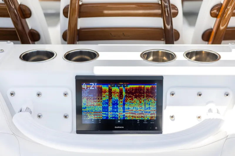 Slide: The Image of Freeman 43 boat console with Garmin display and cup holders, 2023 model. - 33