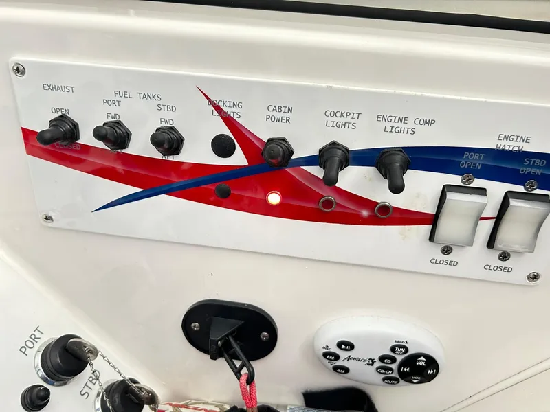 Slide: The Image of Control panel of a 2005 Fountain 42 Executioner boat with various switches and indicators. - 29