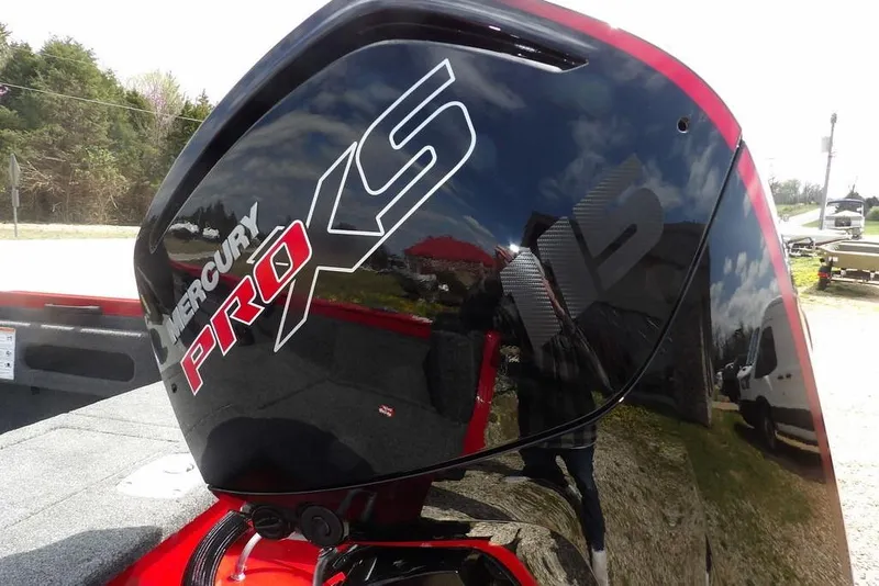 Slide: The Image of Mercury Pro XS engine on 2025 Crestliner 1750 Fish Hawk SC boat, outdoors. - 48